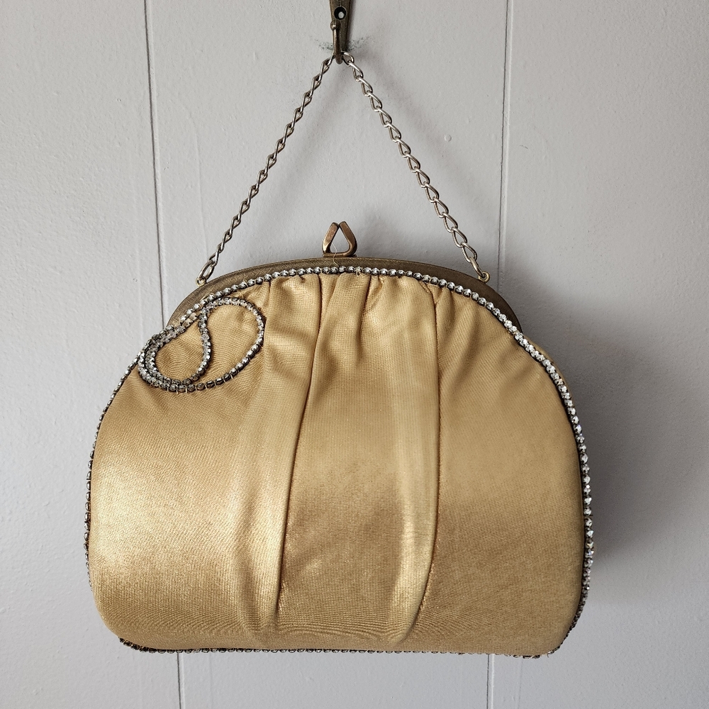 Vintage 1950s Ingber Gold Satin Rhinestone Evening Bag Clutch Purse Made in USA
